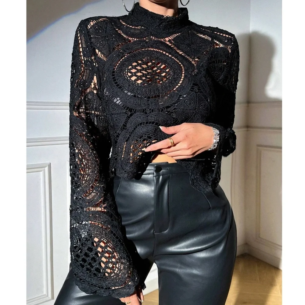 Luxe Sheer Mock neck Flared Long Sleeve Lace Blouse